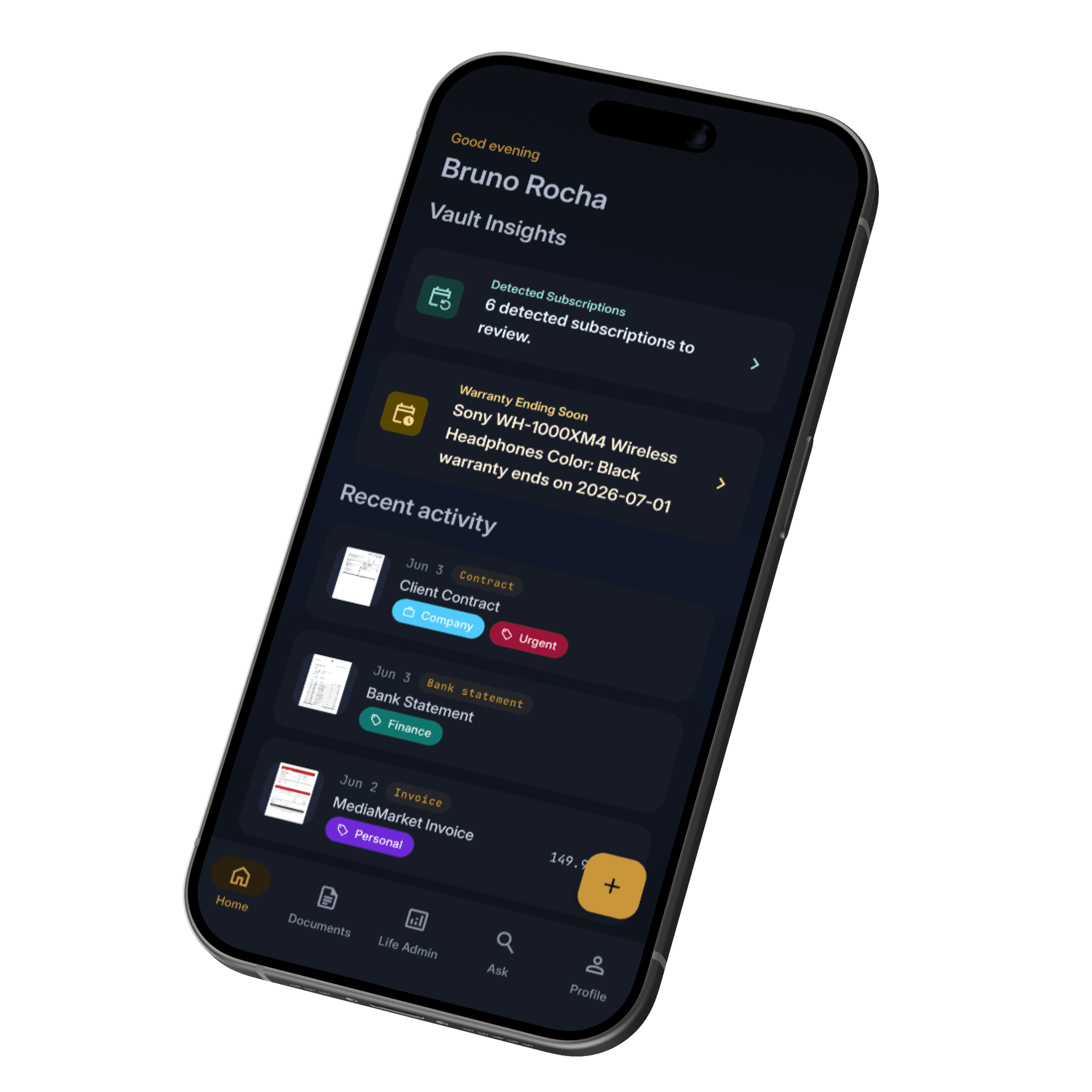 Vault app home screen